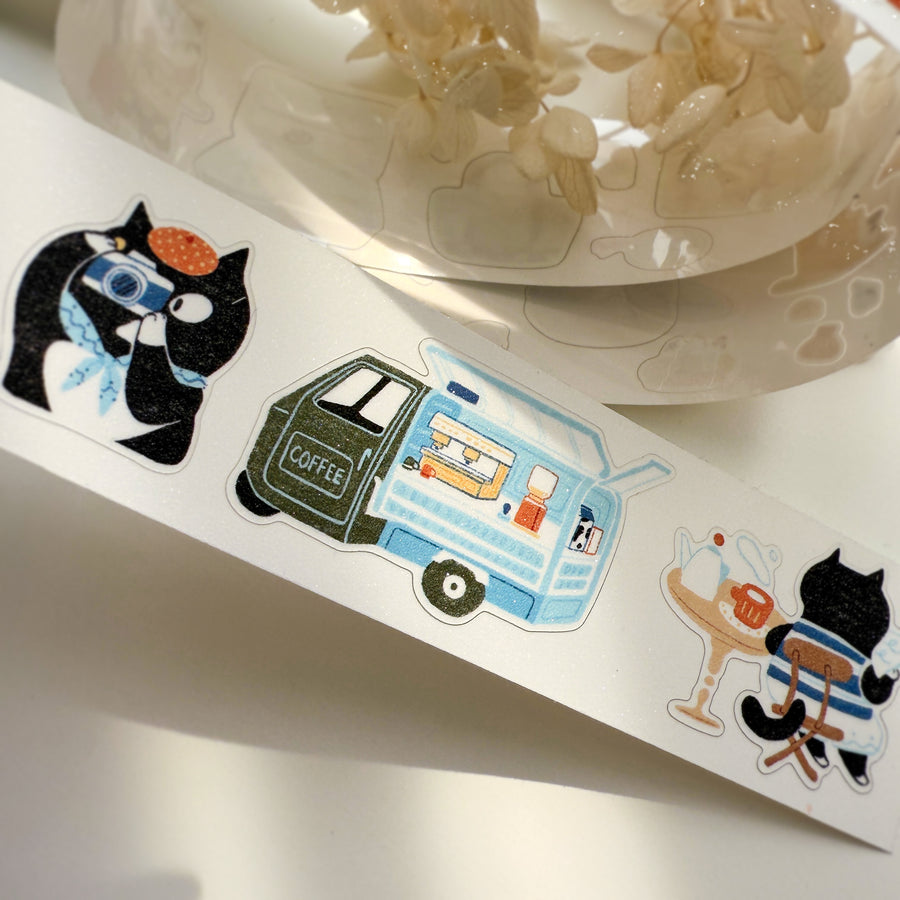 Journal Pages “cat travel“ kiss cut Pet tape/ Glitter Synthetic Paper sticker roll