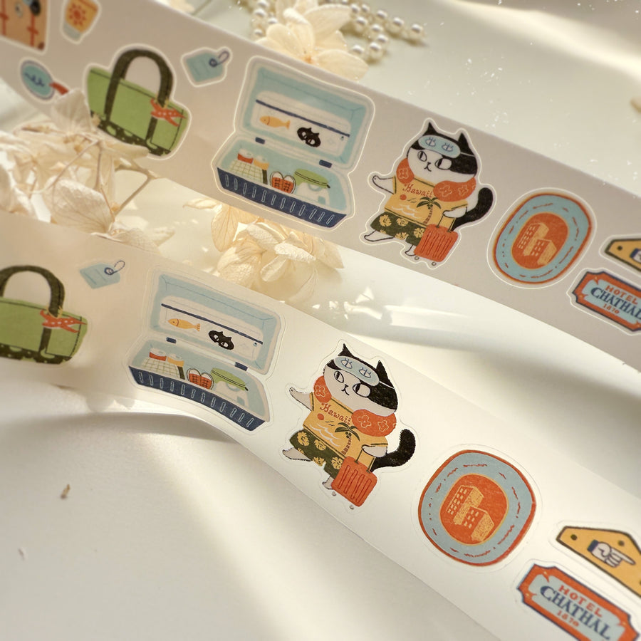 Journal Pages “cat travel“ kiss cut Pet tape/ Glitter Synthetic Paper sticker roll