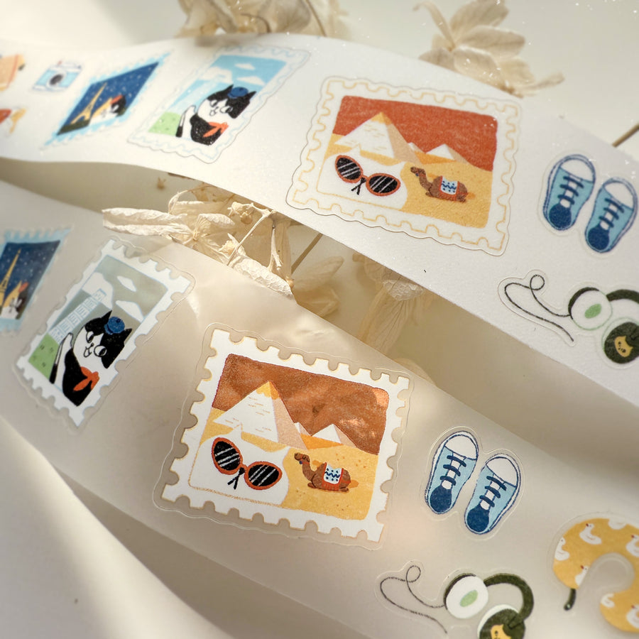 Journal Pages “cat travel“ kiss cut Pet tape/ Glitter Synthetic Paper sticker roll