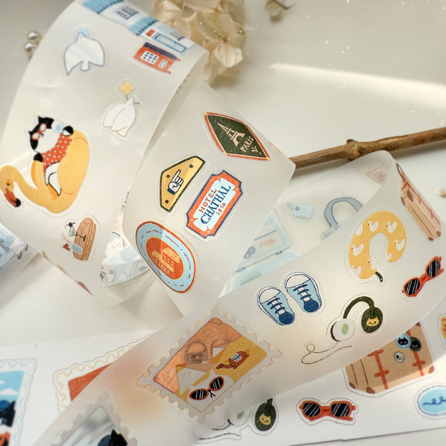 Journal Pages “cat travel“ kiss cut Pet tape/ Glitter Synthetic Paper sticker roll