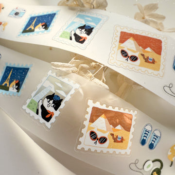 Journal Pages “cat travel“ kiss cut Pet tape/ Glitter Synthetic Paper sticker roll