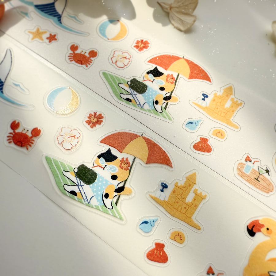 Journal Pages “cat travel“ kiss cut Pet tape/ Glitter Synthetic Paper sticker roll