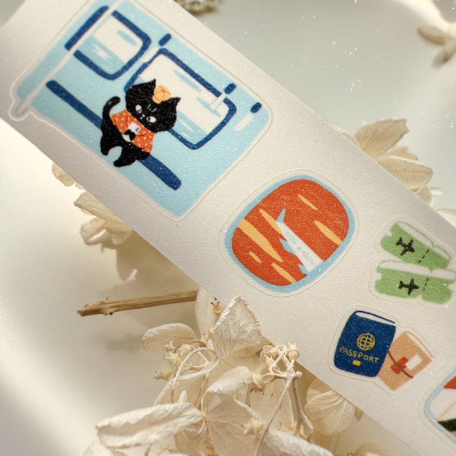 Journal Pages “cat travel“ kiss cut Pet tape/ Glitter Synthetic Paper sticker roll