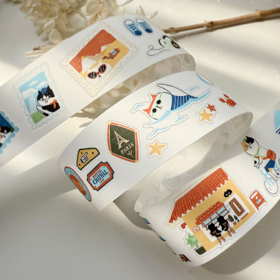 Journal Pages “cat travel“ kiss cut Pet tape/ Glitter Synthetic Paper sticker roll