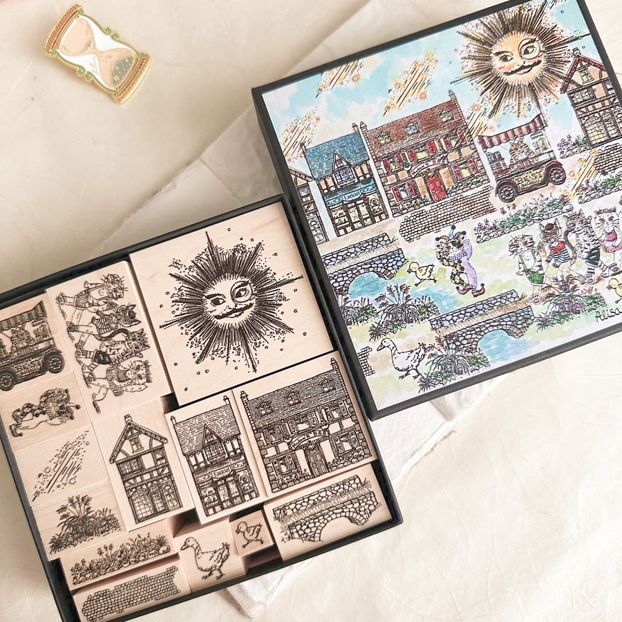 Akamegane rubber stamp set - Town by the lake ( set of 14 )
