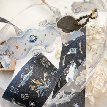 Journal Pages “starry night“ gold foil kiss cut Pet tape/ Glitter Synthetic Paper sticker roll