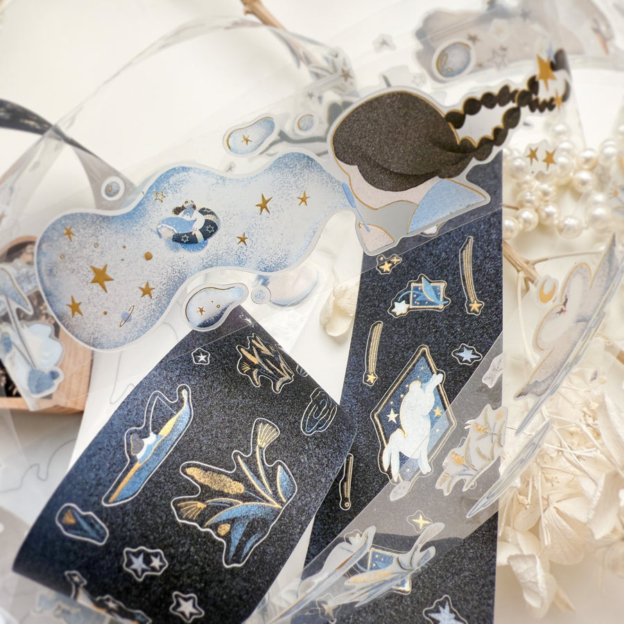 Journal Pages “starry night“ gold foil kiss cut Pet tape/ Glitter Synthetic Paper sticker roll