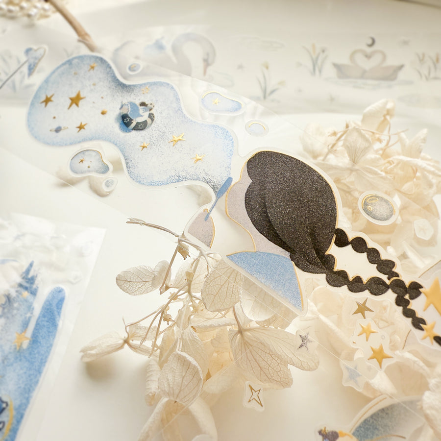 Journal Pages “starry night“ gold foil kiss cut Pet tape/ Glitter Synthetic Paper sticker roll