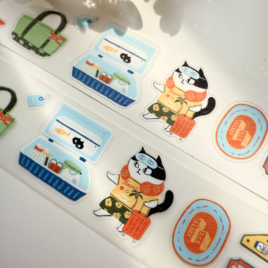 Journal Pages “cat travel“ kiss cut Pet tape/ Glitter Synthetic Paper sticker roll