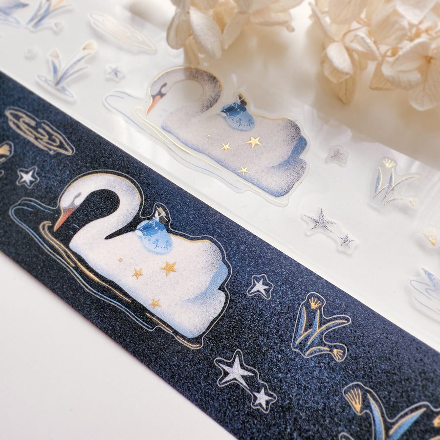 Journal Pages “starry night“ gold foil kiss cut Pet tape/ Glitter Synthetic Paper sticker roll