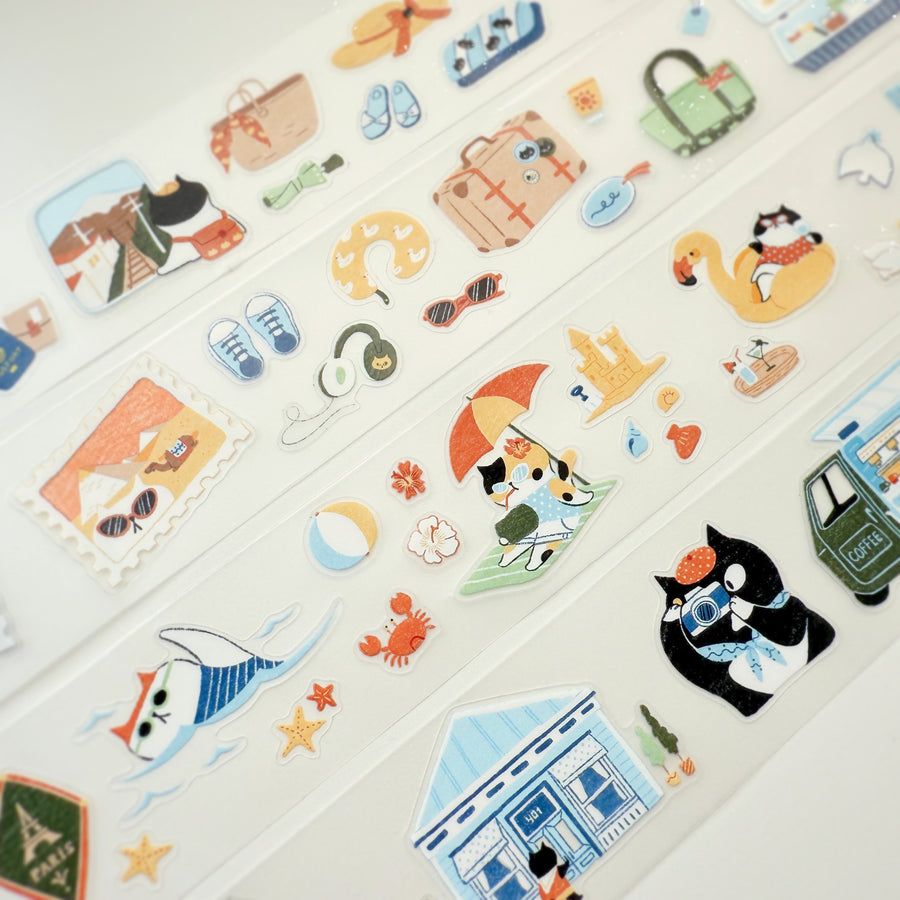 Journal Pages “cat travel“ kiss cut Pet tape/ Glitter Synthetic Paper sticker roll