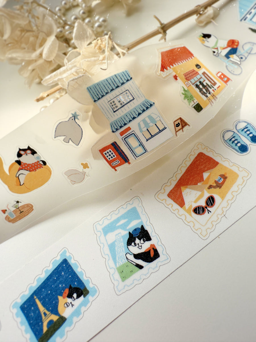 Journal Pages “cat travel“ kiss cut Pet tape/ Glitter Synthetic Paper sticker roll