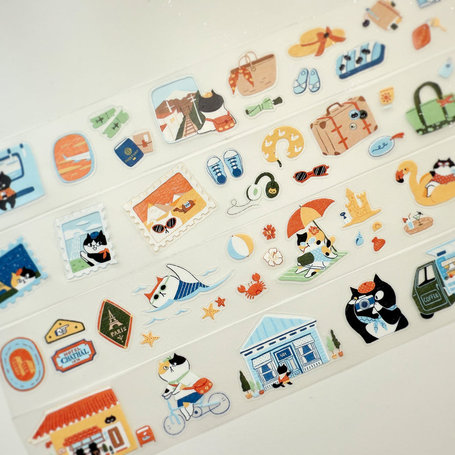 Journal Pages “cat travel“ kiss cut Pet tape/ Glitter Synthetic Paper sticker roll