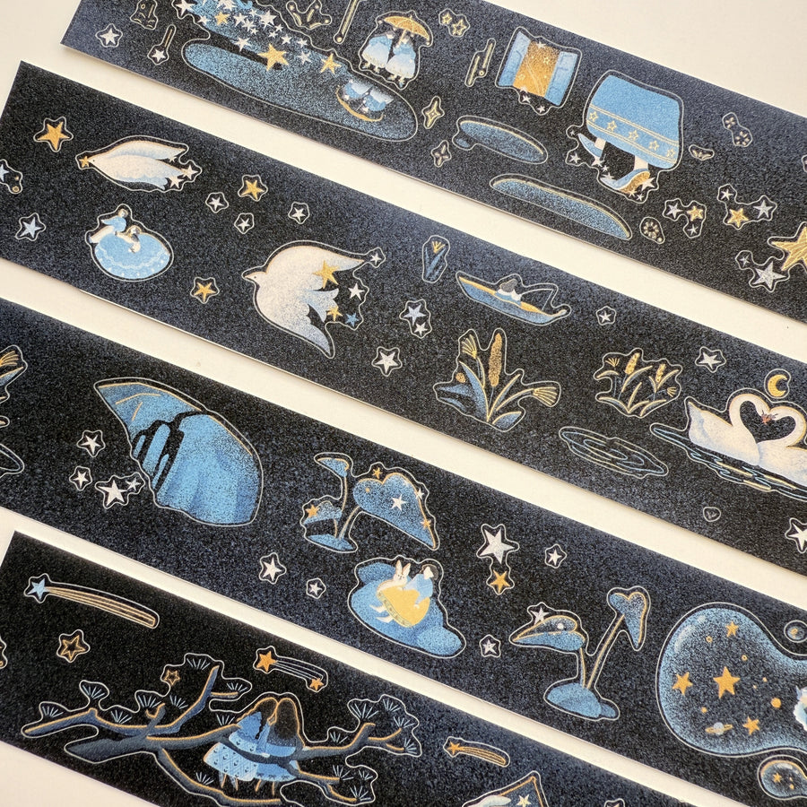 Journal Pages “starry night“ gold foil kiss cut Pet tape/ Glitter Synthetic Paper sticker roll