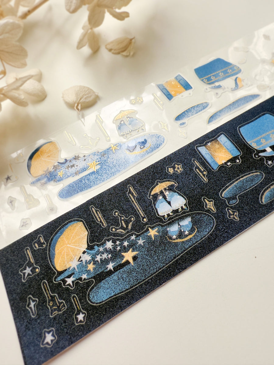Journal Pages “starry night“ gold foil kiss cut Pet tape/ Glitter Synthetic Paper sticker roll