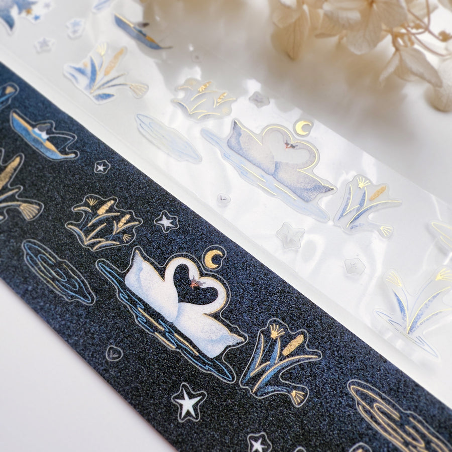 Journal Pages “starry night“ gold foil kiss cut Pet tape/ Glitter Synthetic Paper sticker roll
