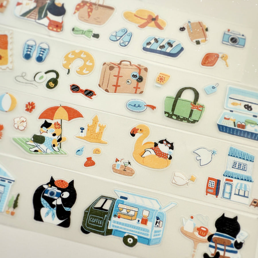 Journal Pages “cat travel“ kiss cut Pet tape/ Glitter Synthetic Paper sticker roll