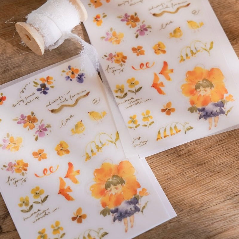 Meow Illustration flower girl print on sticker - Lemon