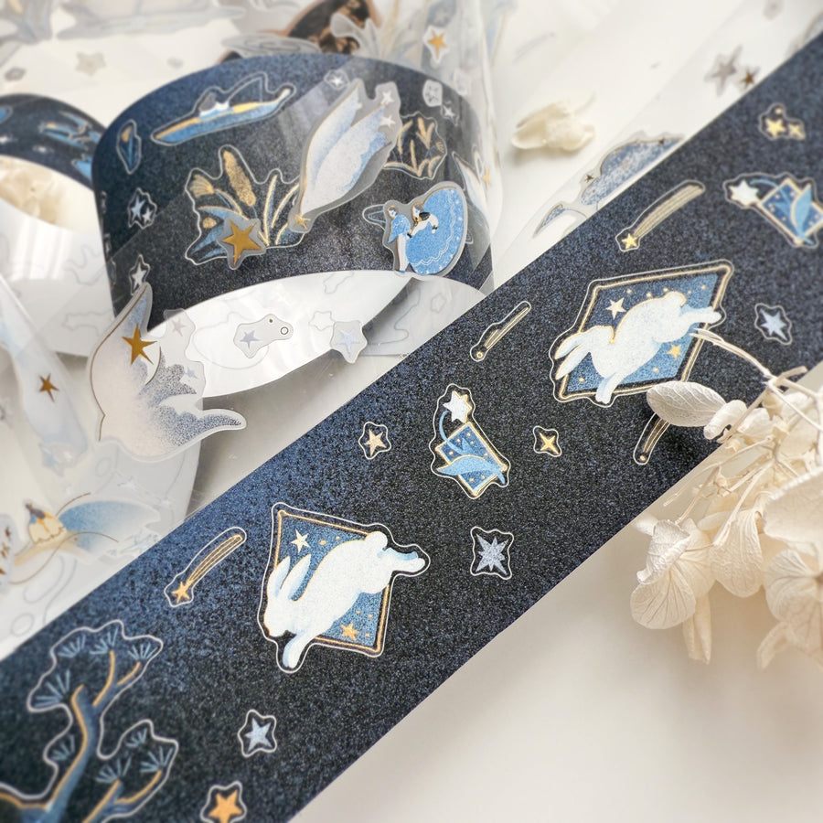 Journal Pages “starry night“ gold foil kiss cut Pet tape/ Glitter Synthetic Paper sticker roll