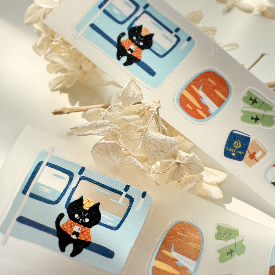 Journal Pages “cat travel“ kiss cut Pet tape/ Glitter Synthetic Paper sticker roll