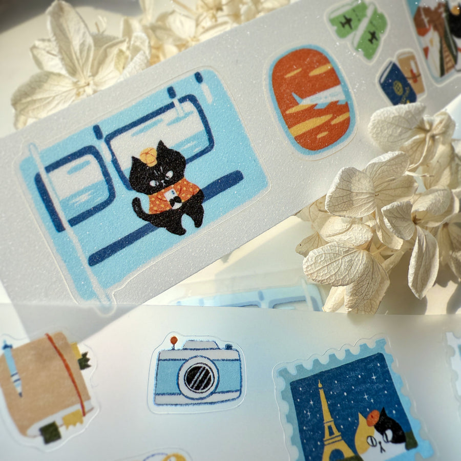 Journal Pages “cat travel“ kiss cut Pet tape/ Glitter Synthetic Paper sticker roll