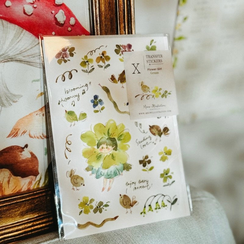 Meow Illustration flower girl print on sticker - grass