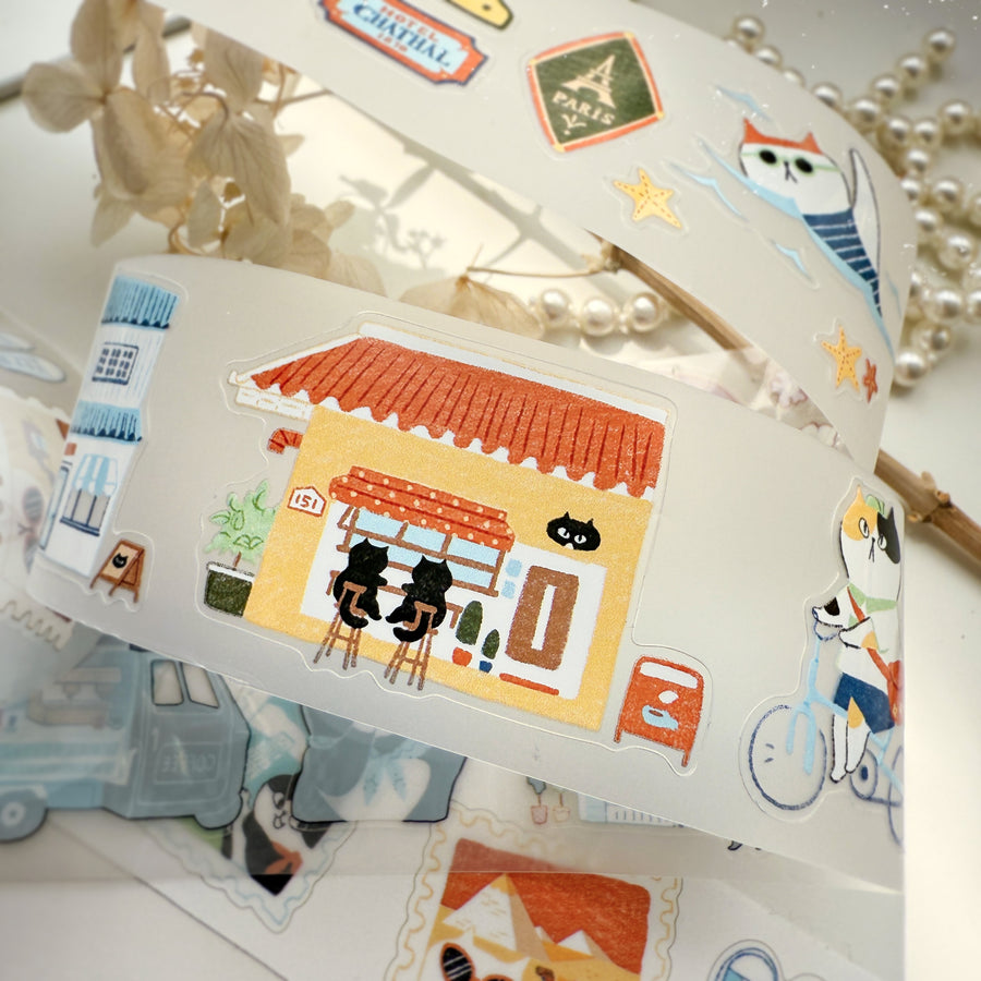 Journal Pages “cat travel“ kiss cut Pet tape/ Glitter Synthetic Paper sticker roll