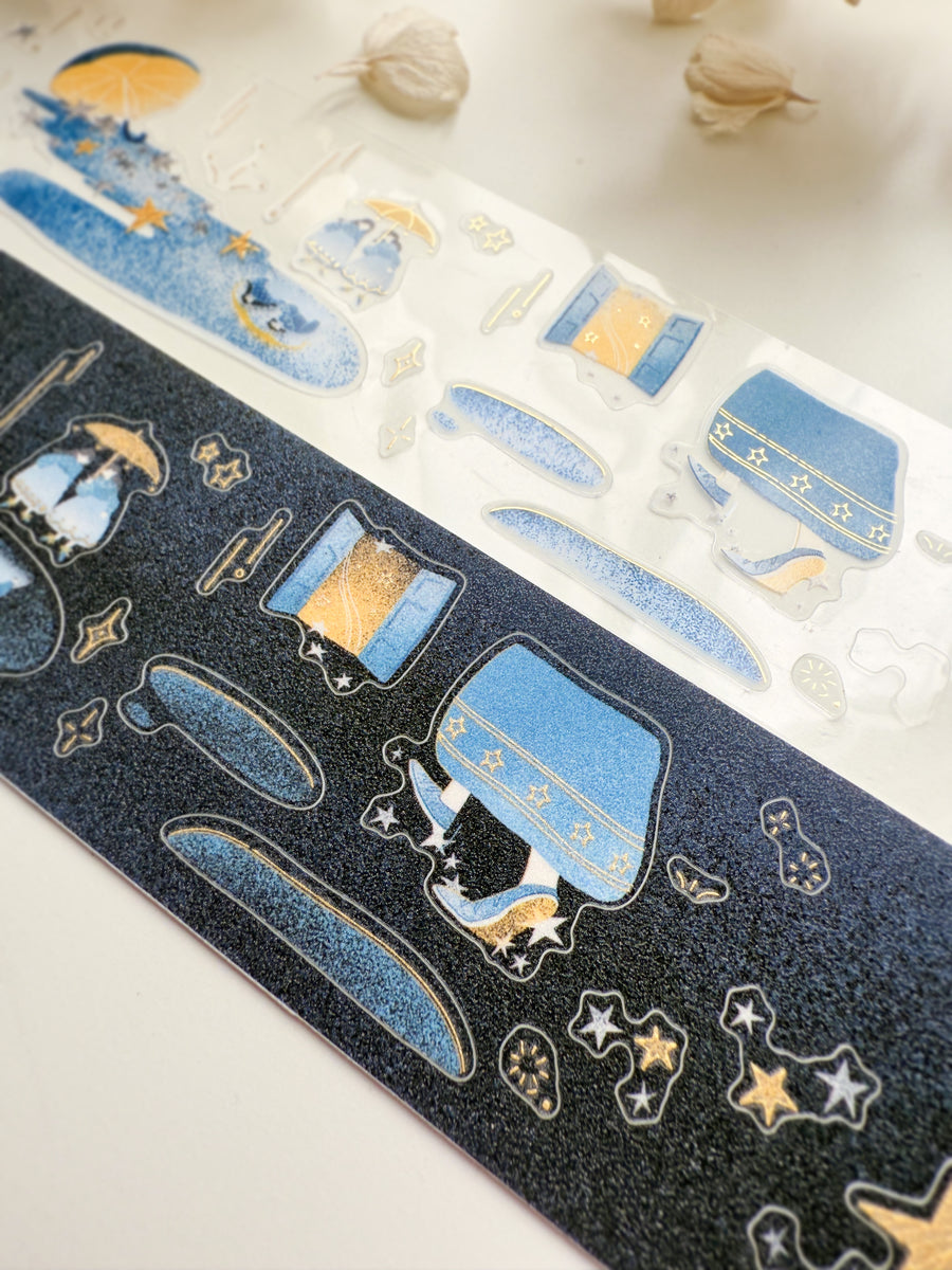 Journal Pages “starry night“ gold foil kiss cut Pet tape/ Glitter Synthetic Paper sticker roll