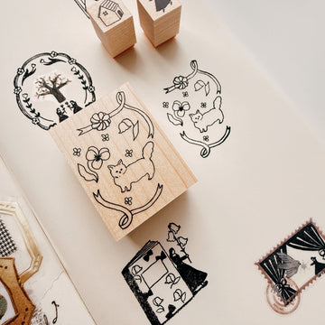 Kin.iro.hitode rubber stamp - cat & flower