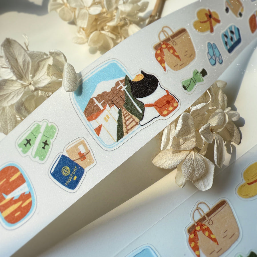 Journal Pages “cat travel“ kiss cut Pet tape/ Glitter Synthetic Paper sticker roll