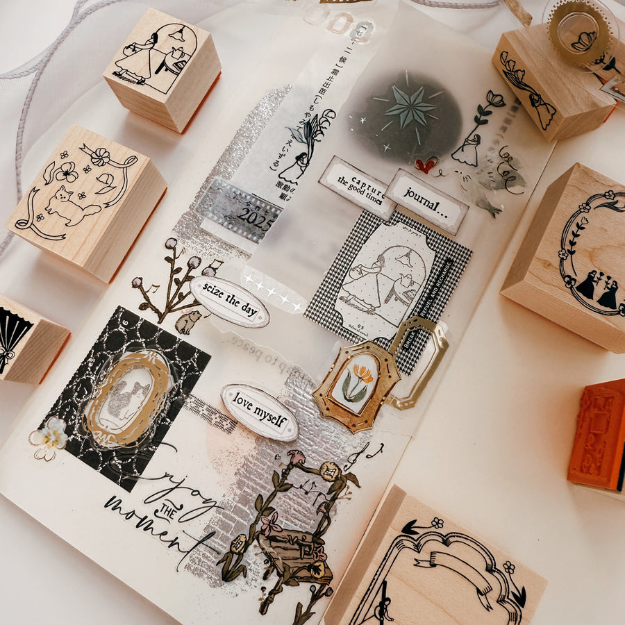 Kin.iro.hitode rubber stamp - cat and wreath