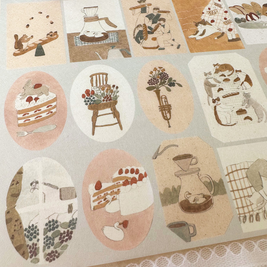 Shoichiro Tobimatsu sticker sheet - cat and tea