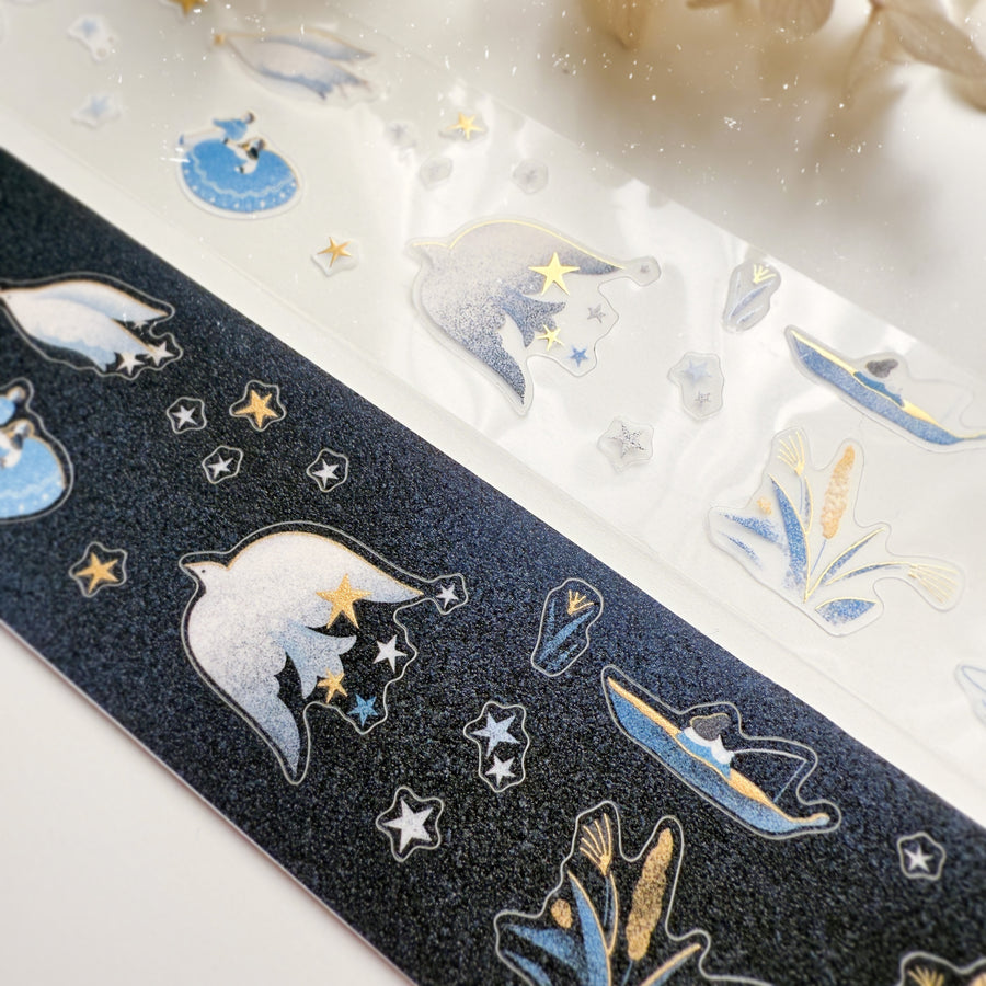 Journal Pages “starry night“ gold foil kiss cut Pet tape/ Glitter Synthetic Paper sticker roll