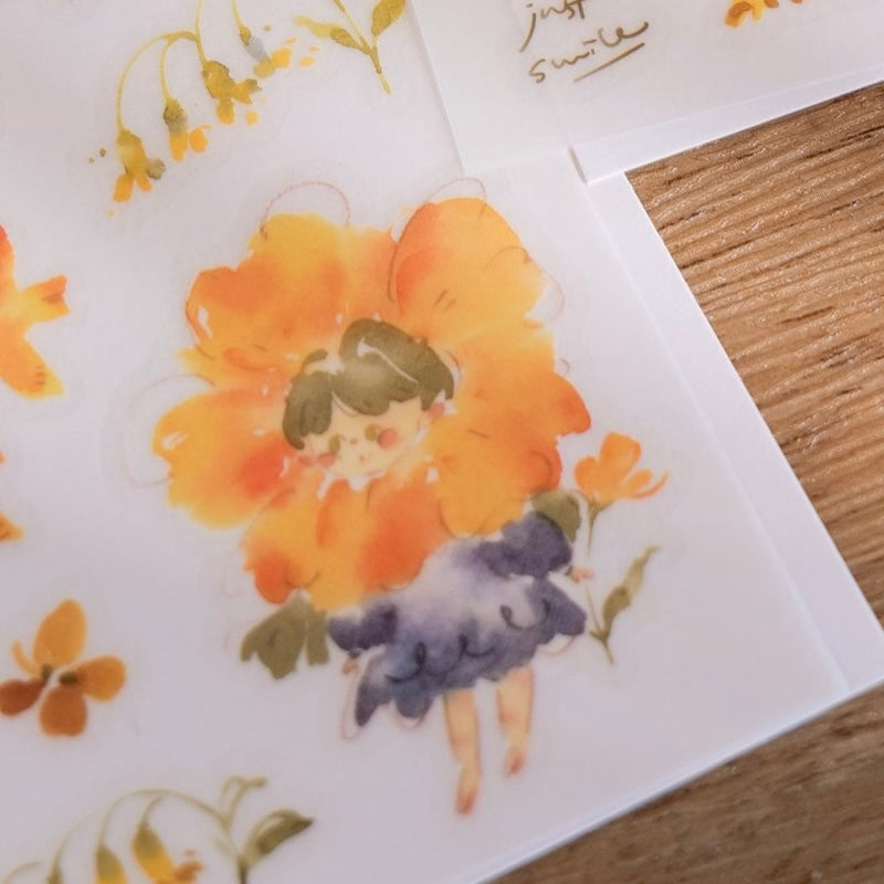 Meow Illustration flower girl print on sticker - Lemon