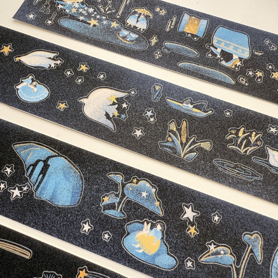 Journal Pages “starry night“ gold foil kiss cut Pet tape/ Glitter Synthetic Paper sticker roll