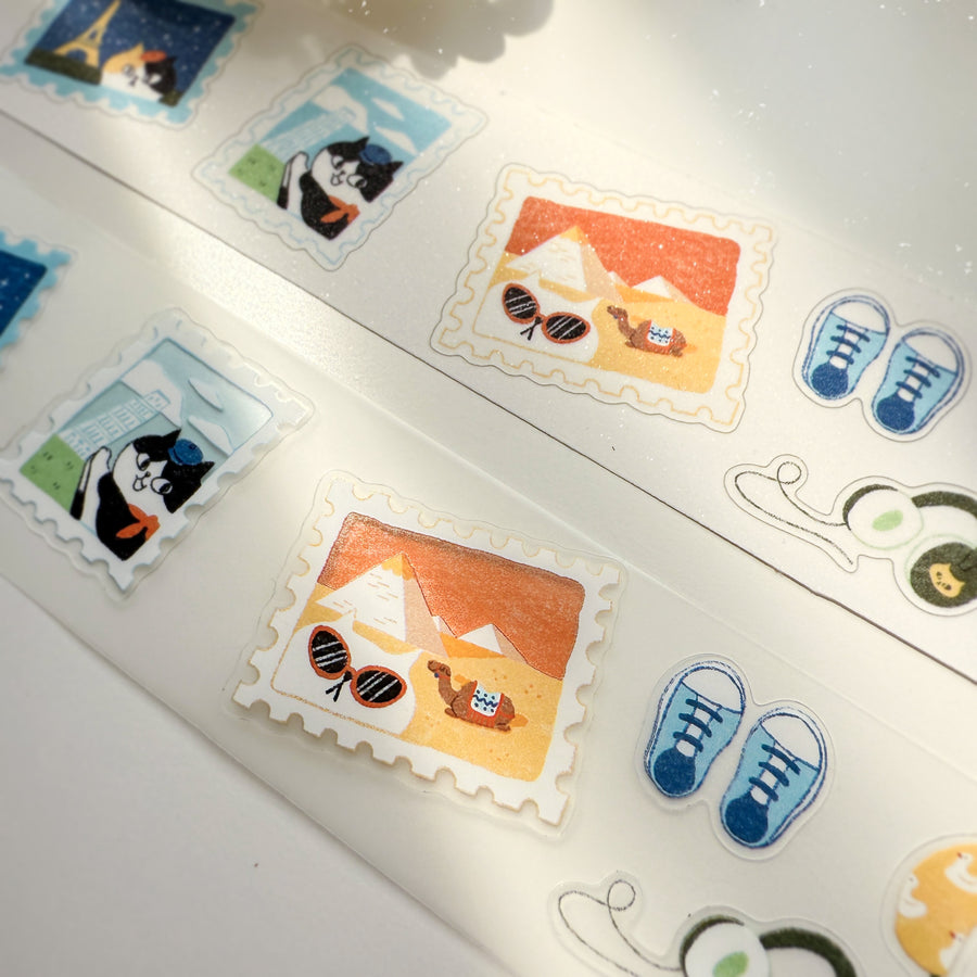 Journal Pages “cat travel“ kiss cut Pet tape/ Glitter Synthetic Paper sticker roll