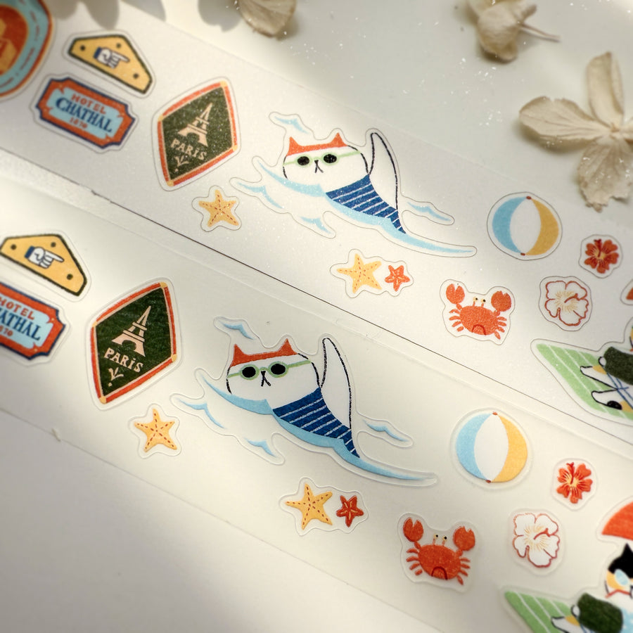Journal Pages “cat travel“ kiss cut Pet tape/ Glitter Synthetic Paper sticker roll