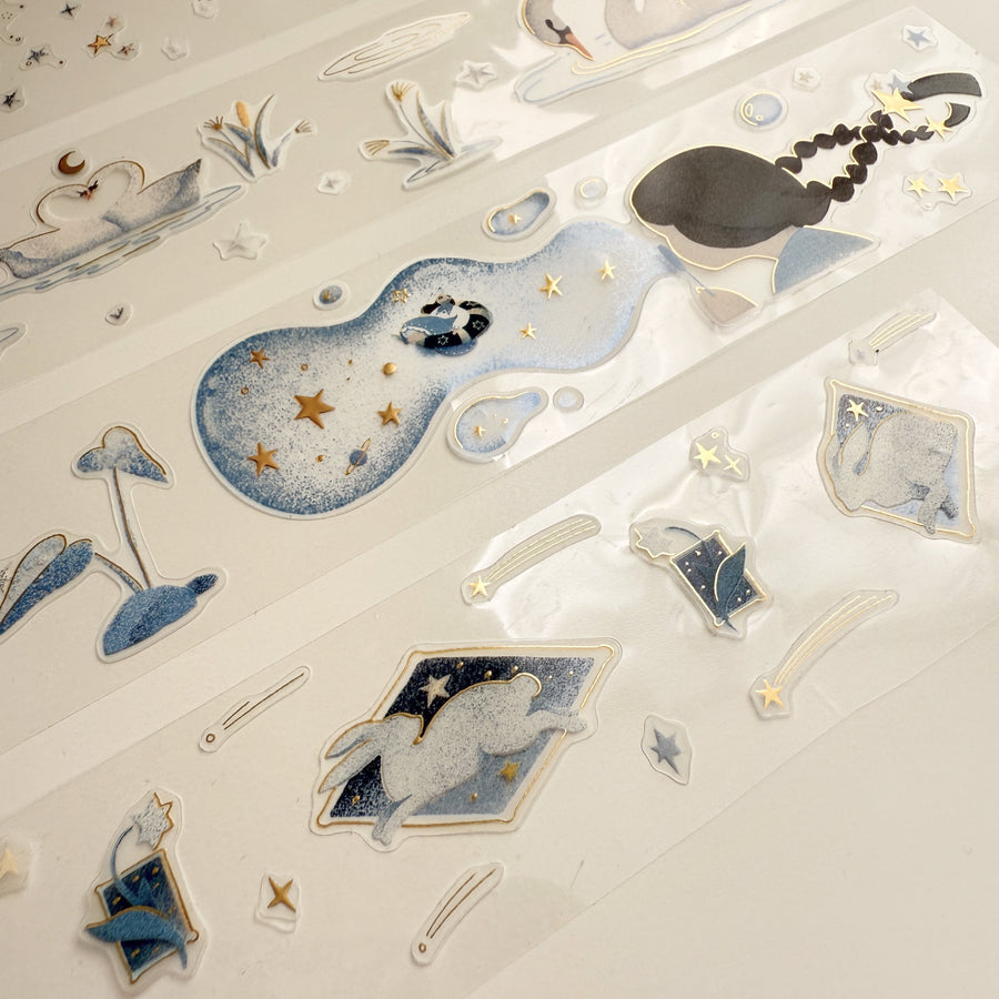 Journal Pages “starry night“ gold foil kiss cut Pet tape/ Glitter Synthetic Paper sticker roll