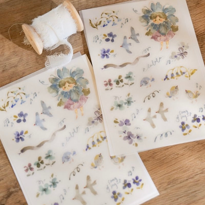 Meow Illustration flower girl print on sticker - Bamboo