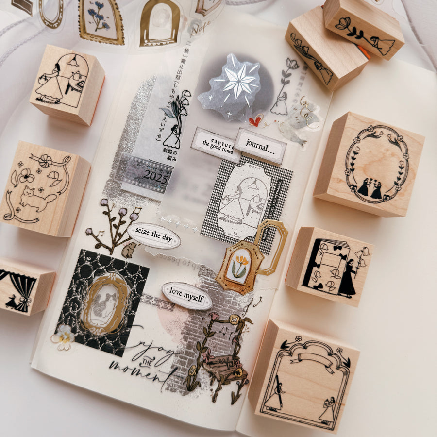 Kin.iro.hitode rubber stamp - cat and wreath