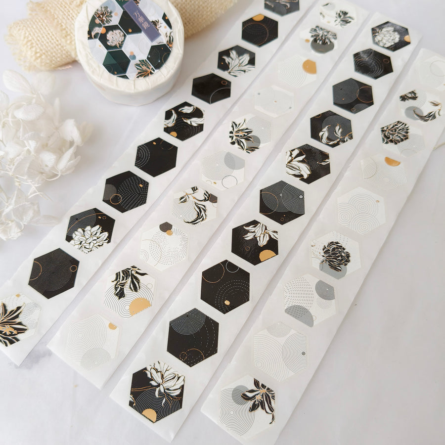 Manjusaka hexagon die cut gold foil tape - black & white