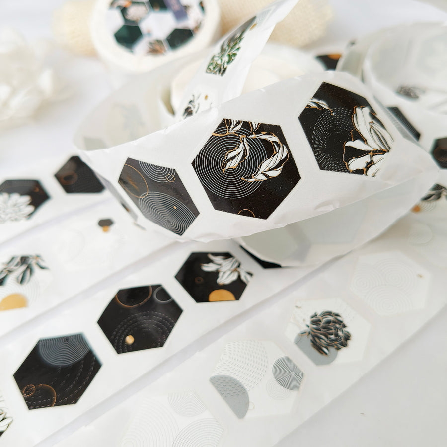 Manjusaka hexagon die cut gold foil tape - black & white