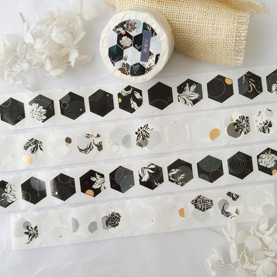 Manjusaka hexagon die cut gold foil tape - black & white