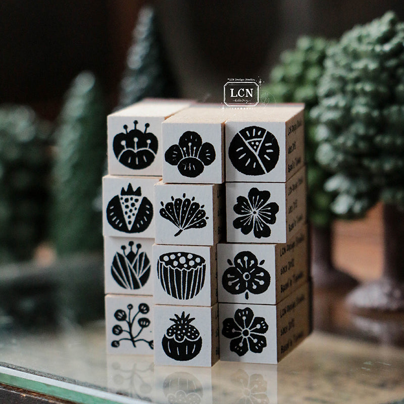 LCN Wagashi flowers compressed wood handle rubber stamp (12 in 1 set)