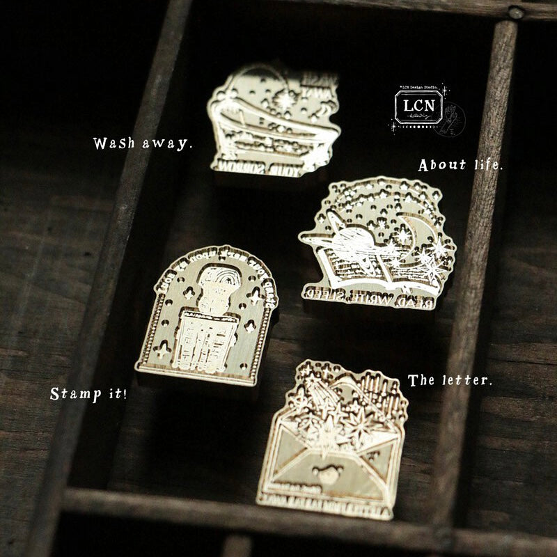 LCN Wax seal stamp set. - Stamp it! / About life / Wash away / The letter / Globe